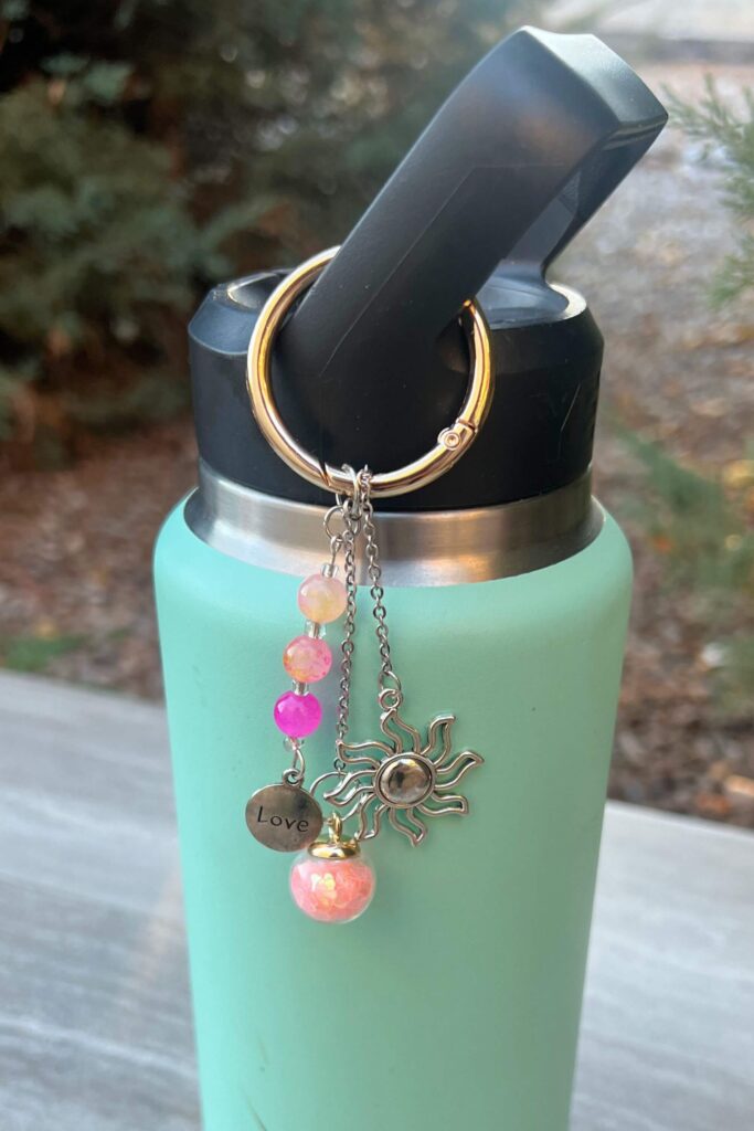 Cup charm, water bottle charm with beaded elements made by daydream whimsy and silver color metal charms