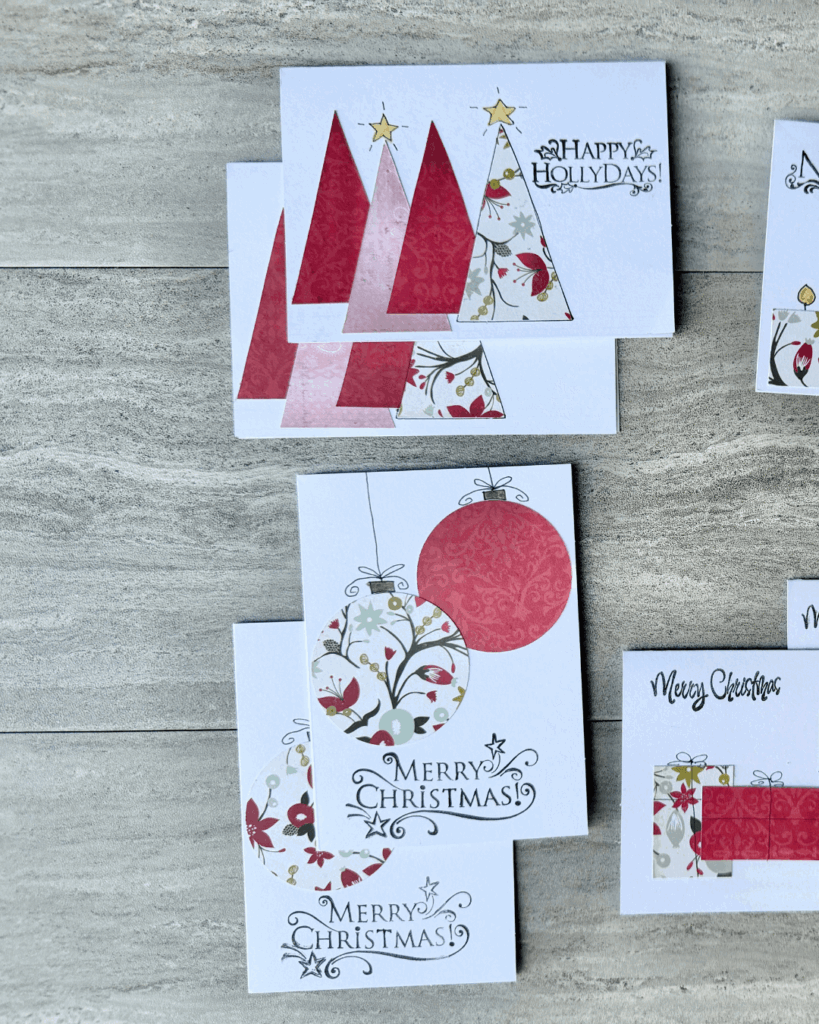 Holiday Cards available in 4 different styles. Ornament balls, Presents, Candles and Trees. Custom order your set today!